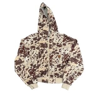 SUMWON Cow Print Hooded Canvas Light Bo,ber Jacket Mens XS Brown White Zip Up
